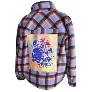 Glows Skull Patch Flannel Original Sherpa‎ Lined Grunge Shacket L/G Neon Witchy
